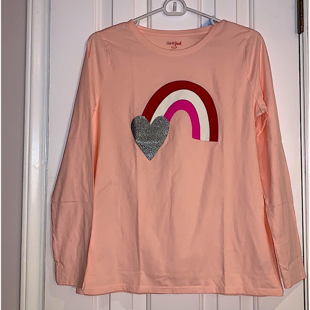Cat & Jack pink long sleeves tee shirt with glitter heart & rainbow